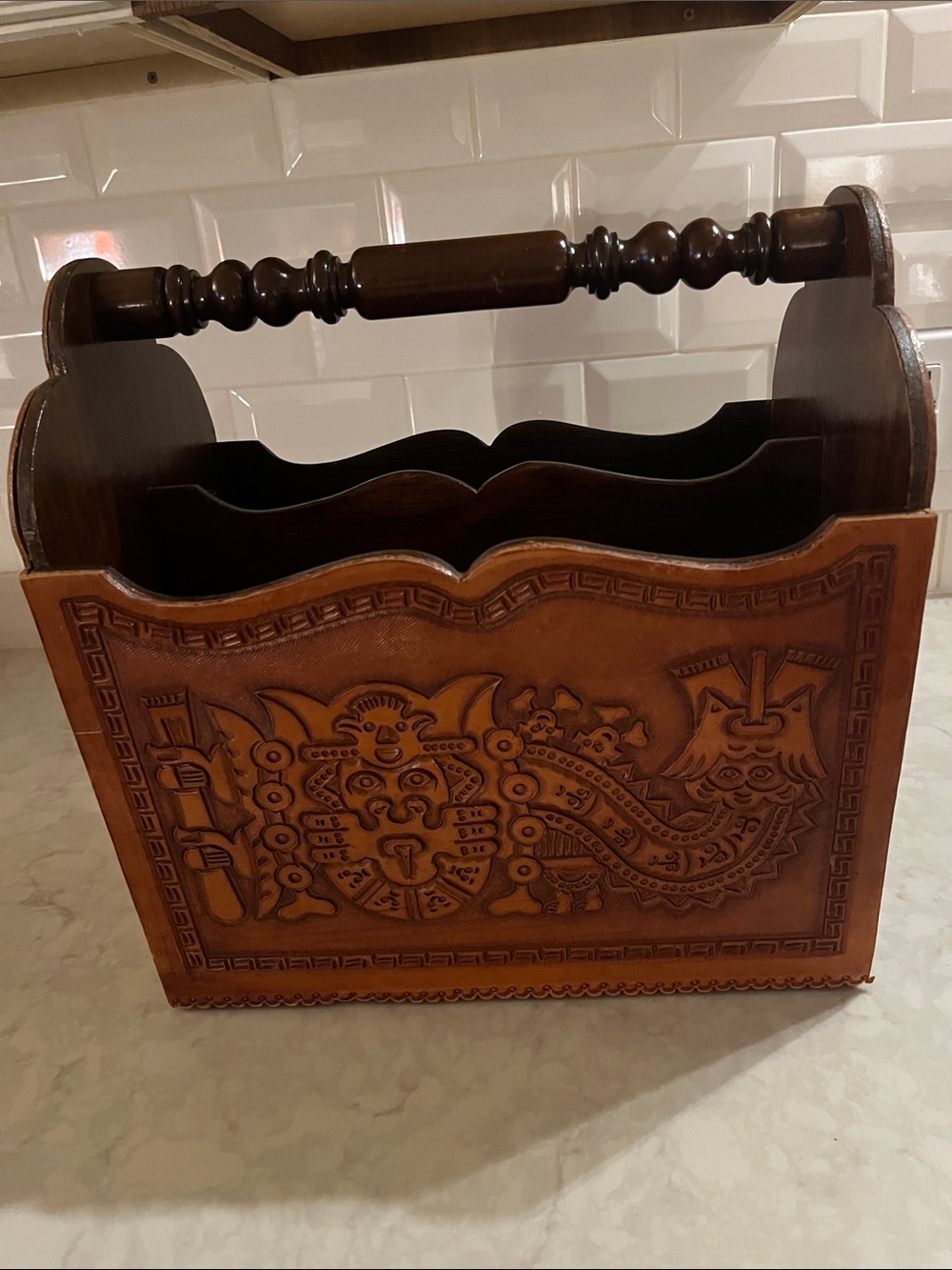 Vintage Magazine Rack/Storage Basket Peruvian hand tooled leather